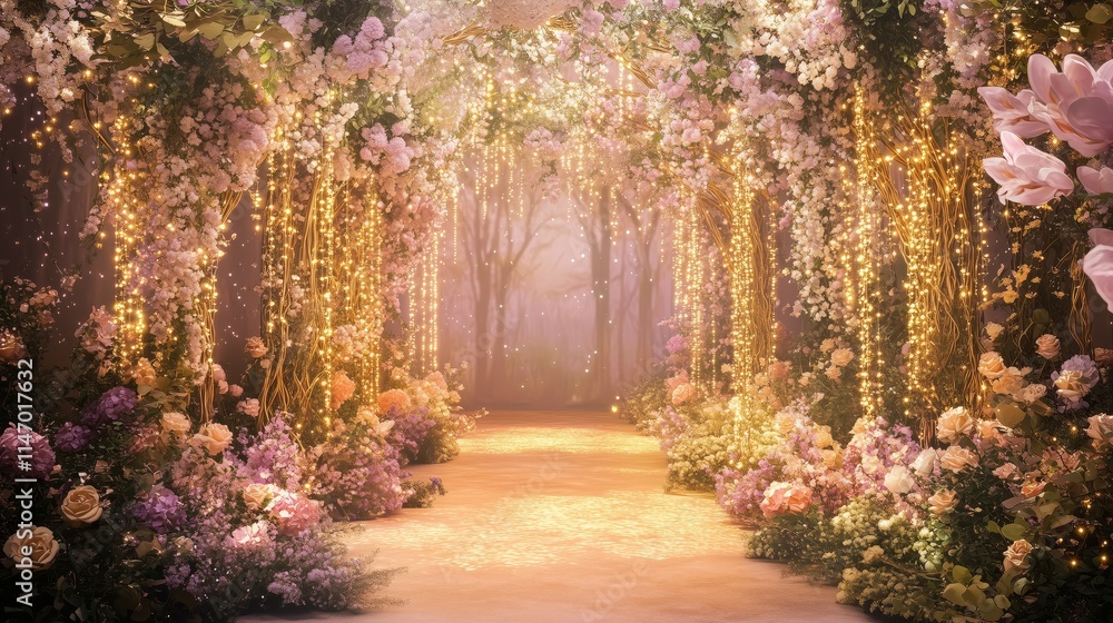 Naklejka premium Fairytale Garden Arch with Elegant Lights and Blossoms - Made with Generative AI