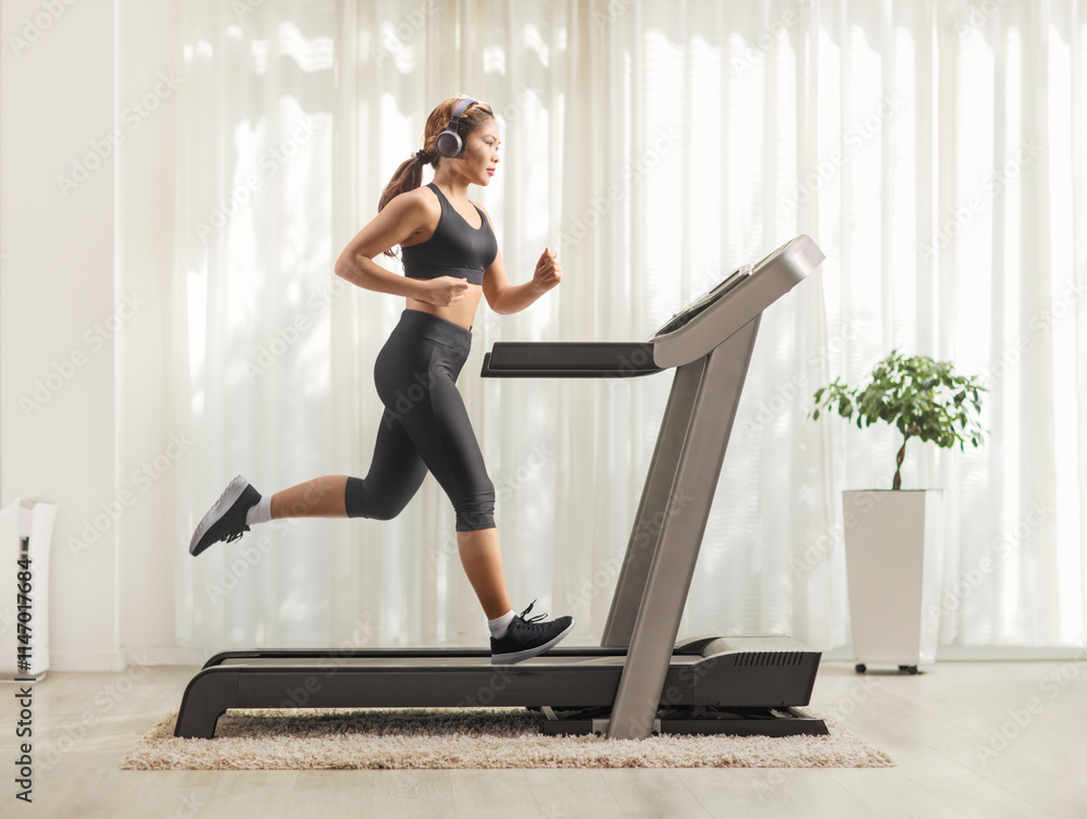 Full length profile shot of a young asian woman with headphones running on a treadmill Full length profile shot of a young asian woman with headphones running on a treadmill