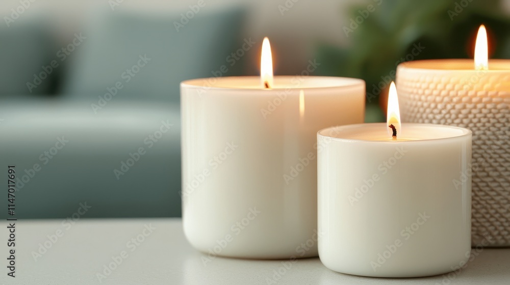 A serene setting featuring three lit white candles, adding a warm glow to a modern, minimalist space. A serene setting featuring three lit white candles, adding a warm glow to a modern, minimalist space.