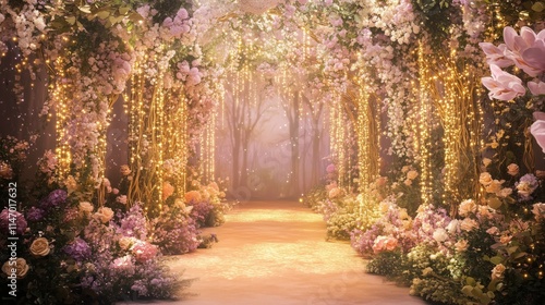 Fairytale Garden Arch with Elegant Lights and Blossoms - Made with Generative AI