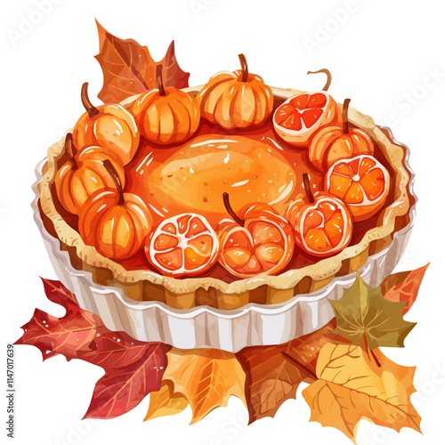 A watercolor vector painting of a pumpkin-themed tart surrounded by autumn leaves, isolated on a white background. Pumpkin tart vector.

