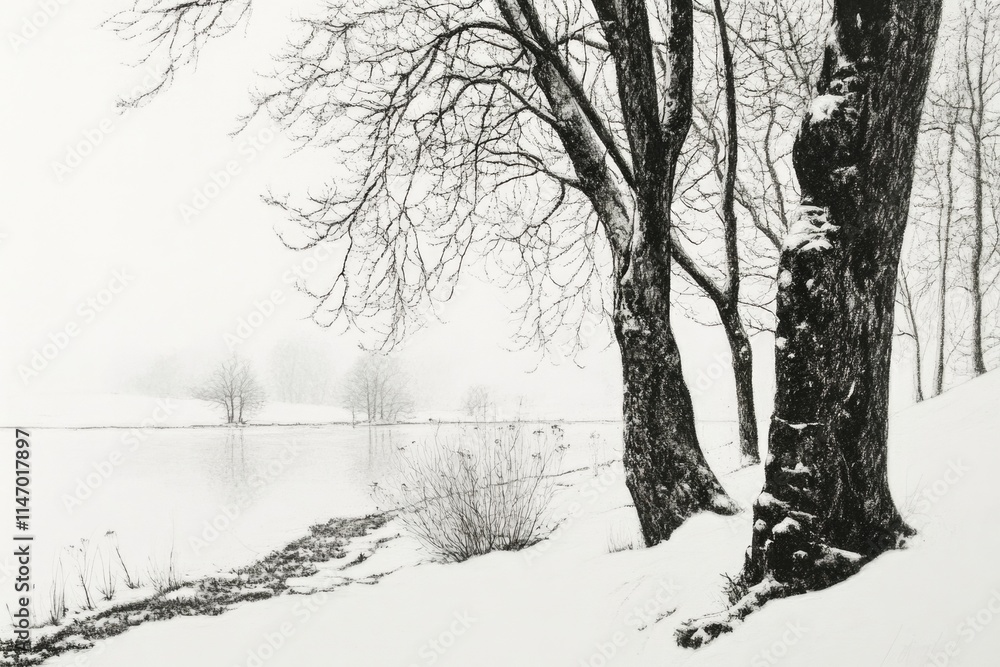 Snow-laden trees stand beside a tranquil river in a serene winter landscape, evoking a sense of calm and introspection within the quiet beauty of nature. Snow-laden trees stand beside a tranquil river in a serene winter landscape, evoking a sense of calm and introspection within the quiet beauty of nature.