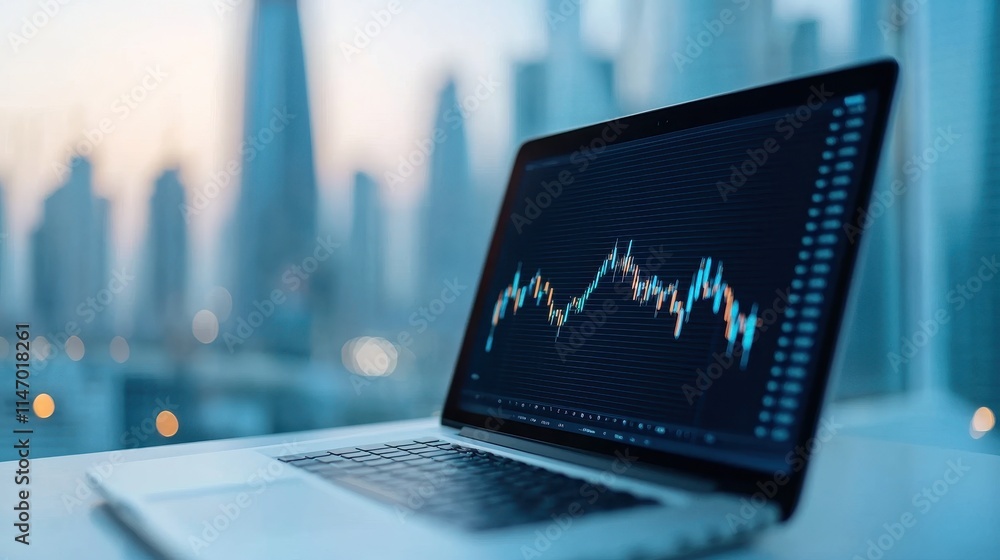 A laptop displaying a financial graph against a city skyline, symbolizing data analysis and investment opportunities in a modern business environment. A laptop displaying a financial graph against a city skyline, symbolizing data analysis and investment opportunities in a modern business environment.