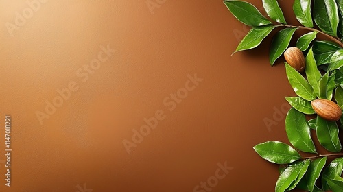 A branch with leaves and nuts on a brown background