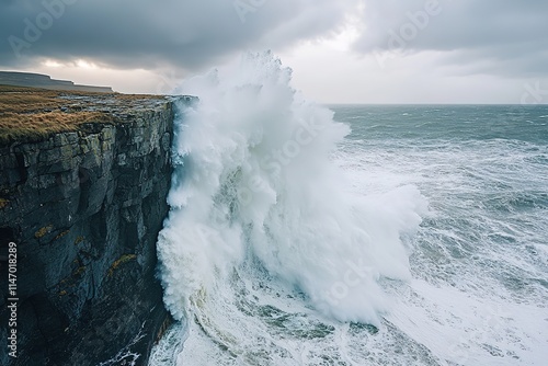 Majestic waves crash against rugged cliff, creating dramatic coa photo