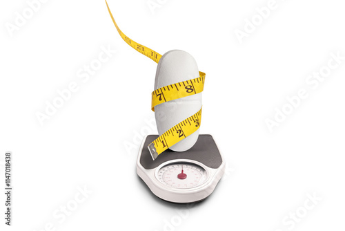 Weight loss pill with a measure tape on a weight scale