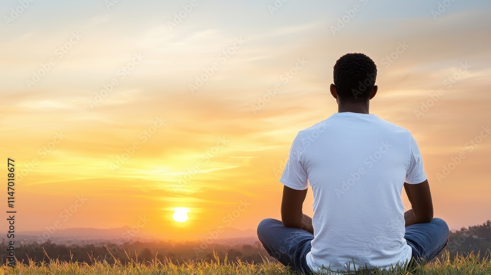 Mindful Living Concept. A person meditating at sunset in a tranquil outdoor setting. Mindful Living Concept. A person meditating at sunset in a tranquil outdoor setting.