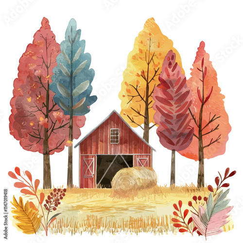 A watercolor vector painting of a rustic barn surrounded by autumn fields, isolated on a white background. Rustic barn vector.

