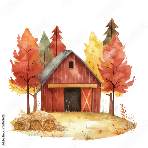 A watercolor vector painting of a rustic barn surrounded by autumn fields, isolated on a white background. Rustic barn vector.

