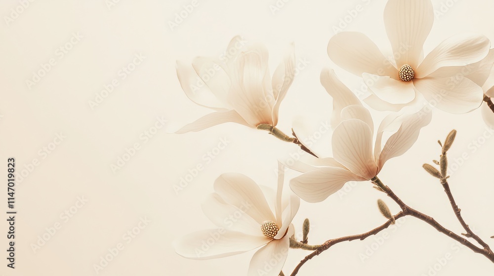 Obraz premium White magnolia blossoms on a subtle cream background, close-up shot, Minimalist style