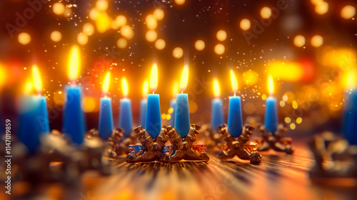 Jewish holiday. Burning blue burning candles at Menorah. Festive background filled with warm light. Beautiful festive banner. Hanukkah celebration. photo