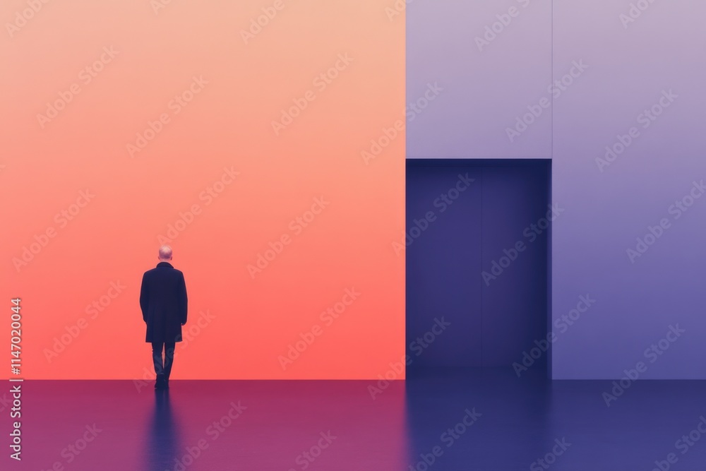 A solitary figure stands elegantly against a vibrant gradient background, evoking a sense of contemplation and introspection, capturing a modern minimalist style. A solitary figure stands elegantly against a vibrant gradient background, evoking a sense of contemplation and introspection, capturing a modern minimalist style.
