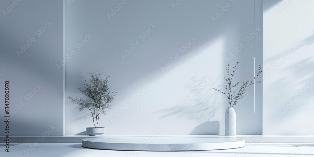 Minimalist interior featuring a white platform and potted plants in soft natural light, showcasing modern home decor and a clean, elegant design. Minimalist interior featuring a white platform and potted plants in soft natural light, showcasing modern home decor and a clean, elegant design.