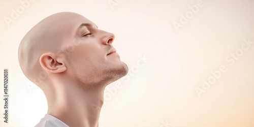 Bald man in profile with serene expression in soft light.