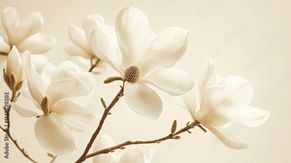 Obraz premium White magnolia blossoms on a subtle cream background, close-up shot, Minimalist style