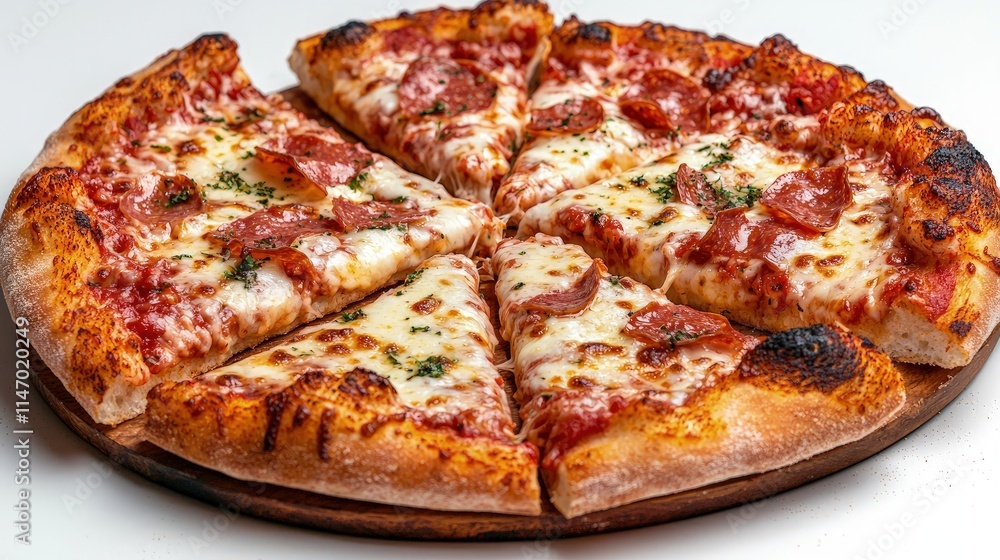 Delicious pepperoni pizza sliced on wooden board. (2) Delicious pepperoni pizza sliced on wooden board. (2)