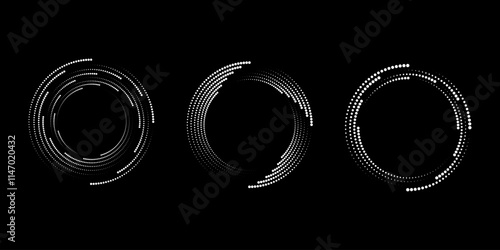 Set of white dotted vortex shapes. Geometric art. Circle form. Trendy design element for logo, tattoo, sign, symbol, web, prints, posters, social media, template, pattern, abstract backdrop