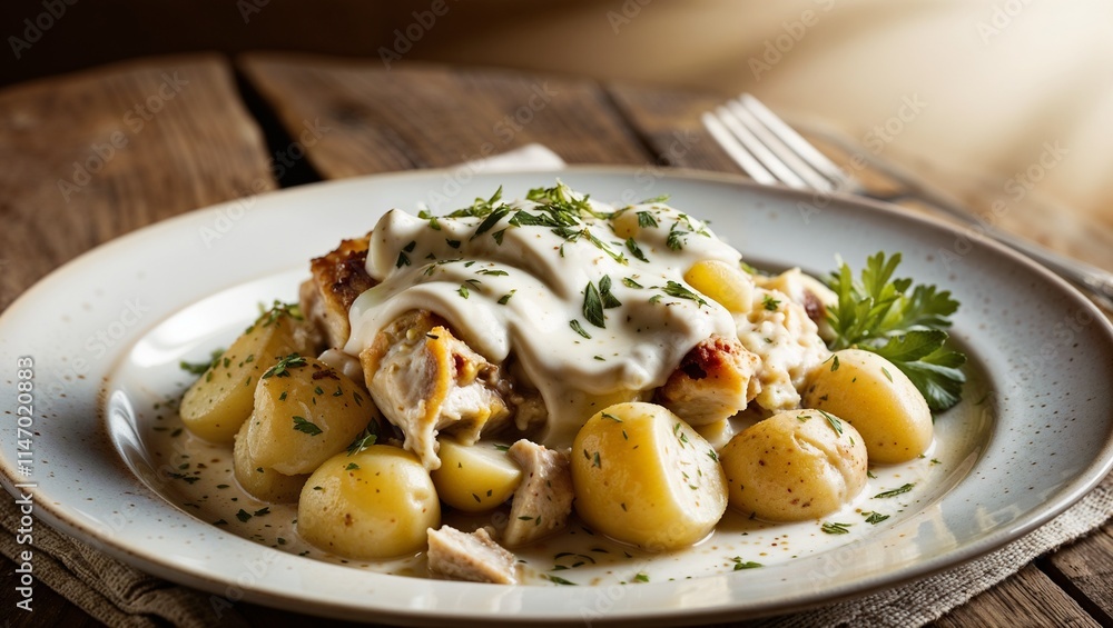 Chicken fillet with creamy sauce and boiled potatoes on a plate, hearty gourmet meal
Chicken fillet with creamy sauce and boiled potatoes on a plate, hearty gourmet meal