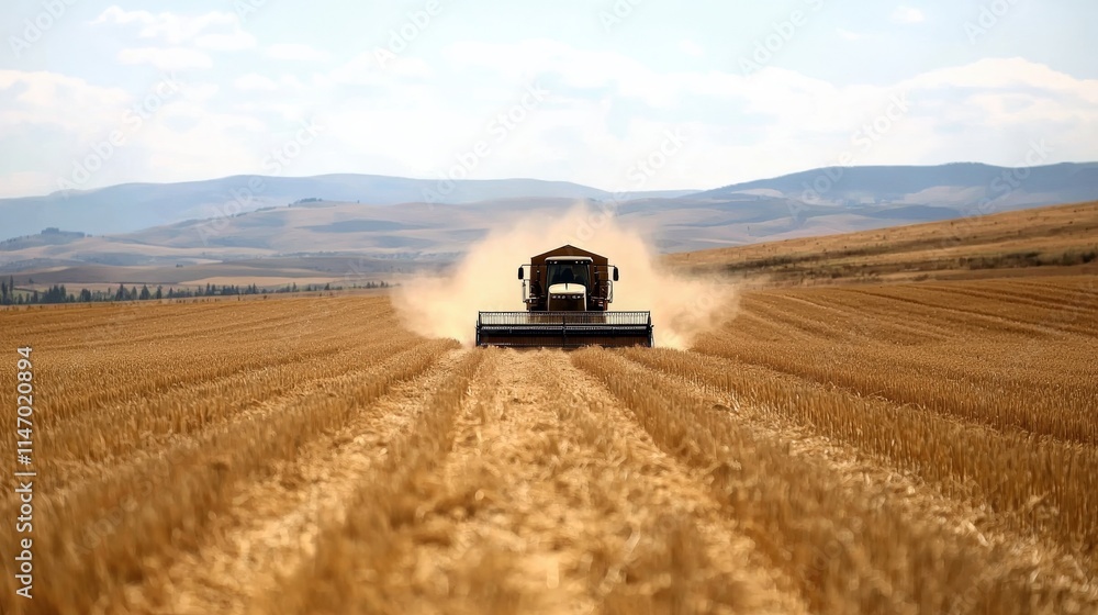 A farmer driving a combine harvester through a golden wheat field, dust rising as the machine works A farmer driving a combine harvester through a golden wheat field, dust rising as the machine works