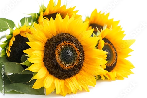 Detailed bouquet of sunflowers, isolated on white background, vibrant and high-res photo. photo