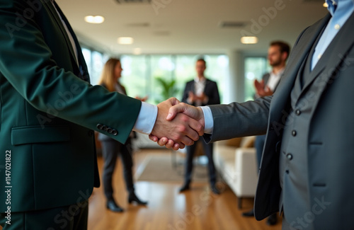 Two businessmen shake hands against the background of an office environment. This image was created using Ai