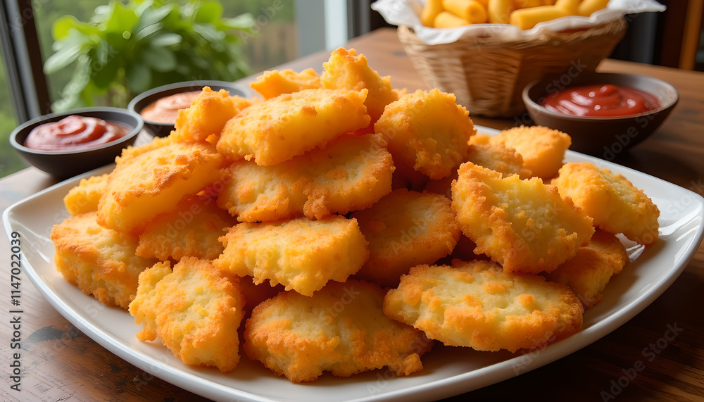 Fried potato bites served with dipping sauces Fried potato bites served with dipping sauces