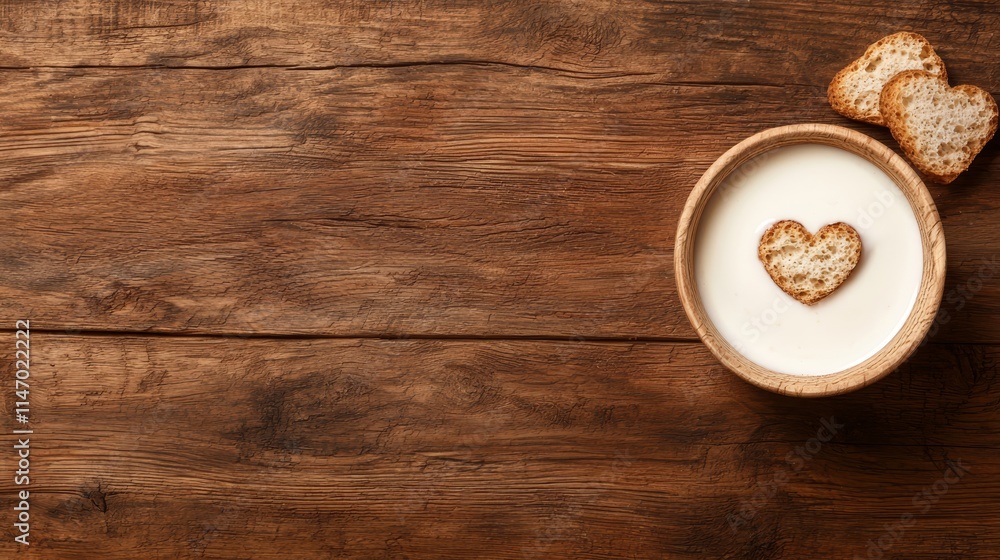 A bowl of milk with a heart shaped piece of bread on a wooden table A bowl of milk with a heart shaped piece of bread on a wooden table