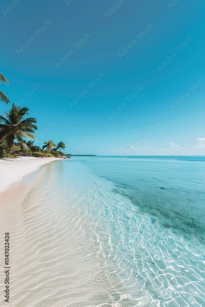 Fototapeta premium White tropical resort wall backdrop, featuring palm-fringed beaches and crystal-clear waters against a clean, blue sky.