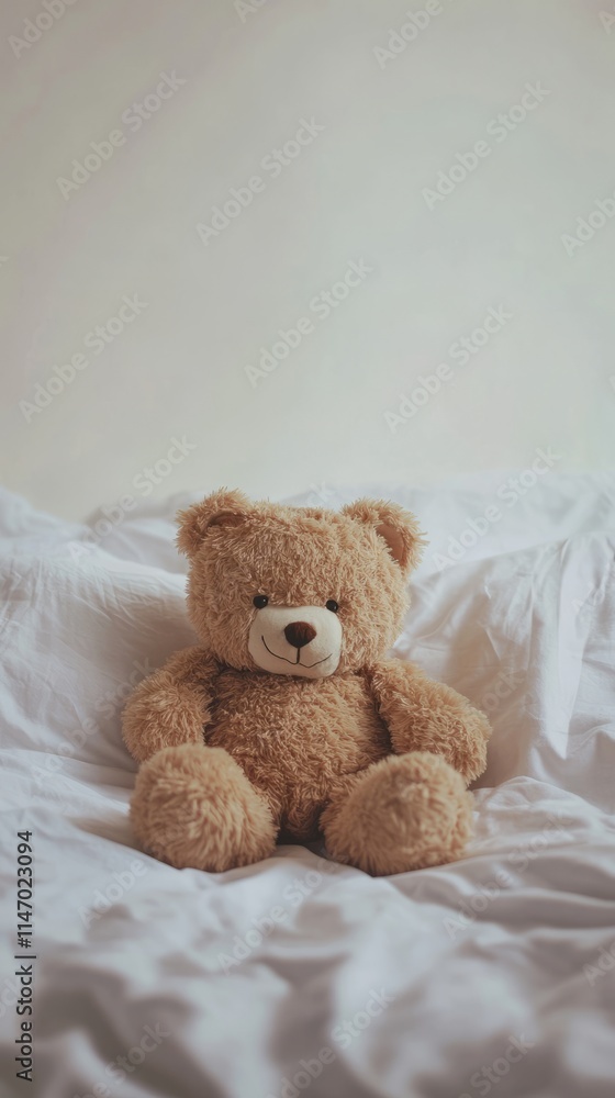 A fluffy teddy bear sits on a white bed, creating a cozy and inviting atmosphere in a minimalist bedroom. A fluffy teddy bear sits on a white bed, creating a cozy and inviting atmosphere in a minimalist bedroom.
