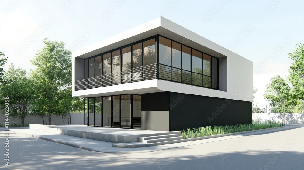 Modern minimalist two-story building with large windows and black base.