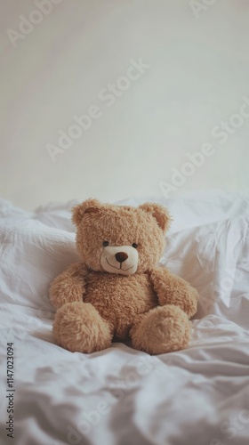 A fluffy teddy bear sits on a white bed, creating a cozy and inviting atmosphere in a minimalist bedroom.