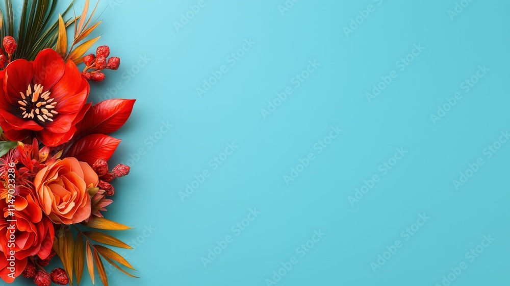Obraz premium A bouquet of red flowers on a blue background