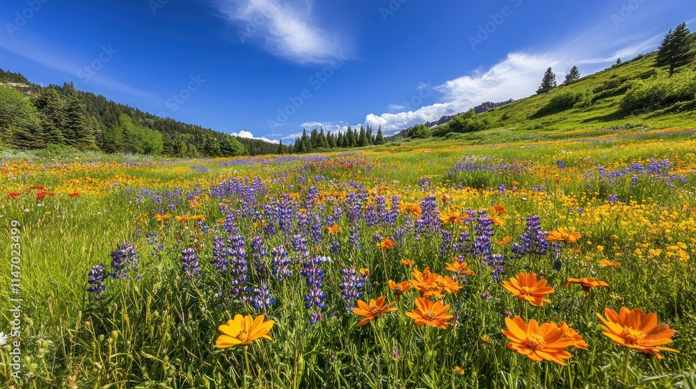 A vibrant field of wildflowers blooms under a clear blue sky, with lush green grass and a mountain range in the background. A vibrant field of wildflowers blooms under a clear blue sky, with lush green grass and a mountain range in the background.