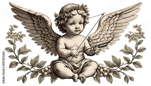 Vintage Cherub Designs with Bows and Arrows Surrounded by Floral Elements  photo