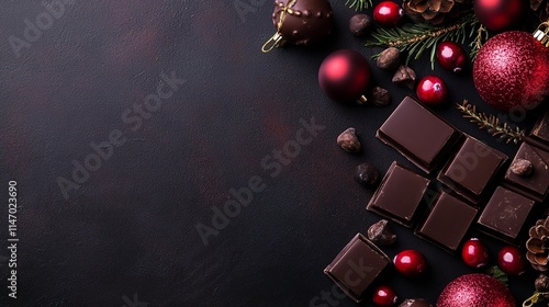 Festive Dark Chocolates, Cranberries, and Holiday Ornaments on Dark Background photo