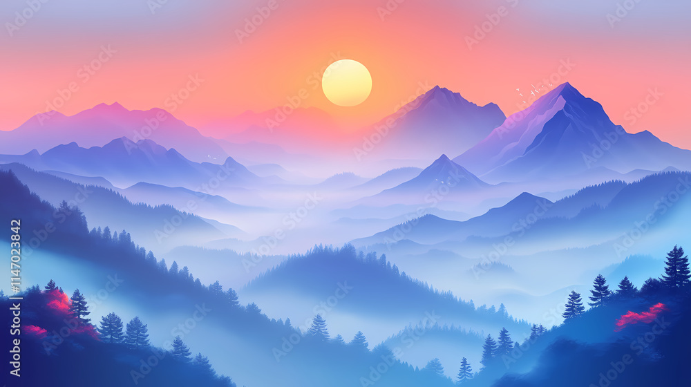 Sunrise over misty mountain range with sun rays, serene landscape. Misty. Illustration Sunrise over misty mountain range with sun rays, serene landscape. Misty. Illustration