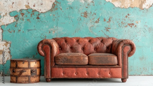 Vintage leather couch and wooden trunk against a rustic teal wall.