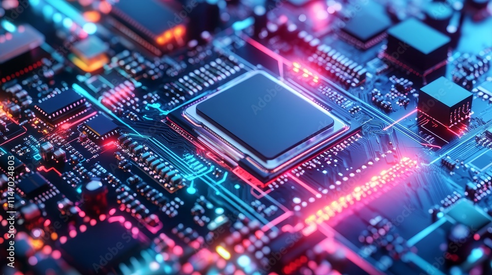 A close-up of a circuit board showcasing a microprocessor and intricate electronic components. A close-up of a circuit board showcasing a microprocessor and intricate electronic components.