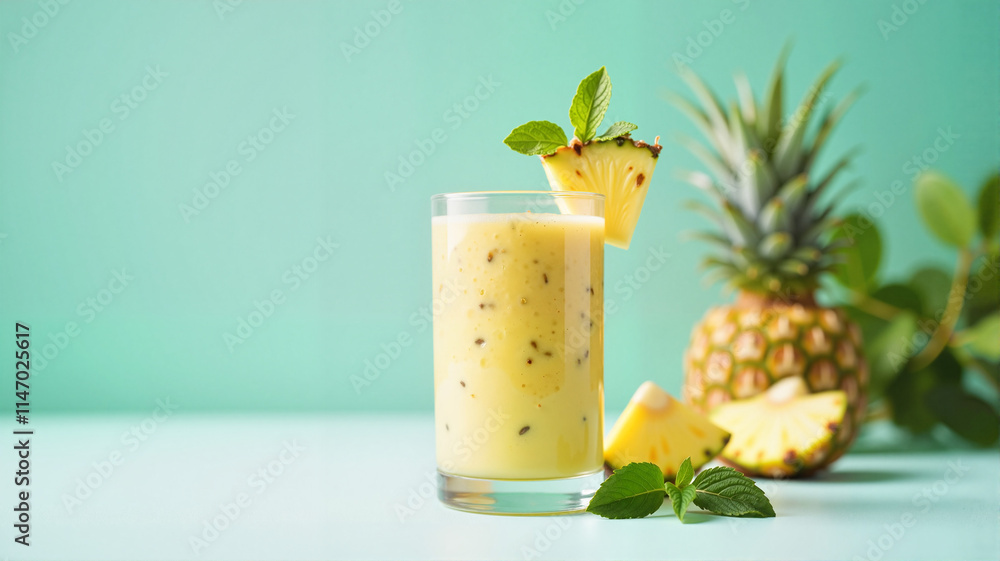 Pineapple smoothie with fresh mint garnish Pineapple smoothie with fresh mint garnish