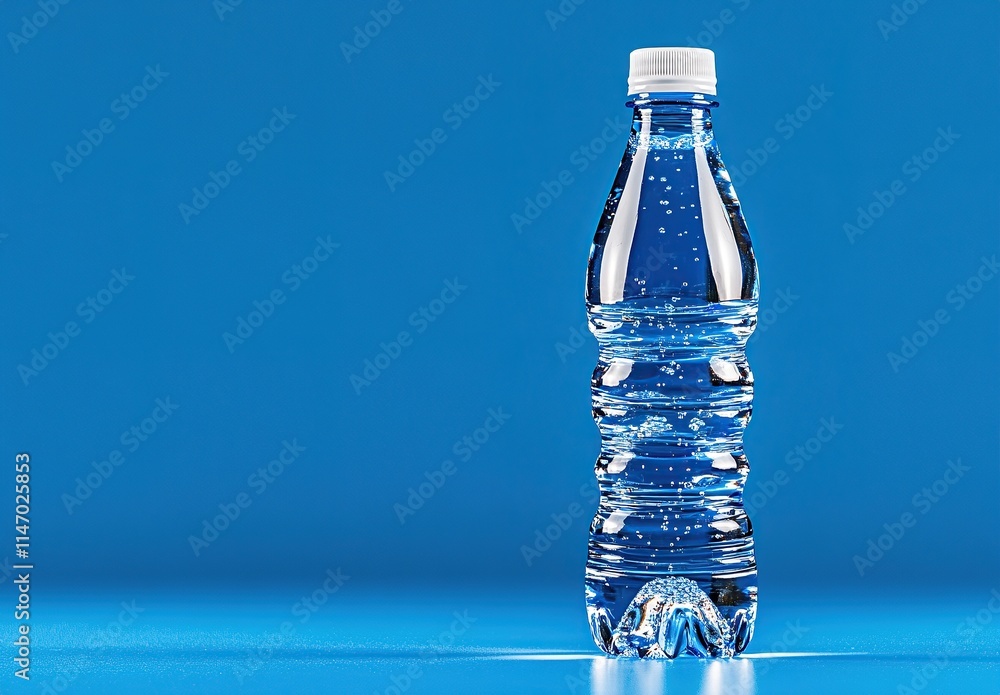 Clear Plastic Bottle with Carbonated Water and Blue Cap on Light Blue Background Clear Plastic Bottle with Carbonated Water and Blue Cap on Light Blue Background
