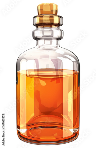 transparent glass bottle with orange liquid inside, featuring cork stopper and clean, minimalistic design, isolated on transparency background