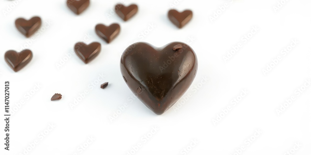 A rich, dark chocolate heart, glossy and smooth, isolated on a pure white background, romance, food photography A rich, dark chocolate heart, glossy and smooth, isolated on a pure white background, romance, food photography