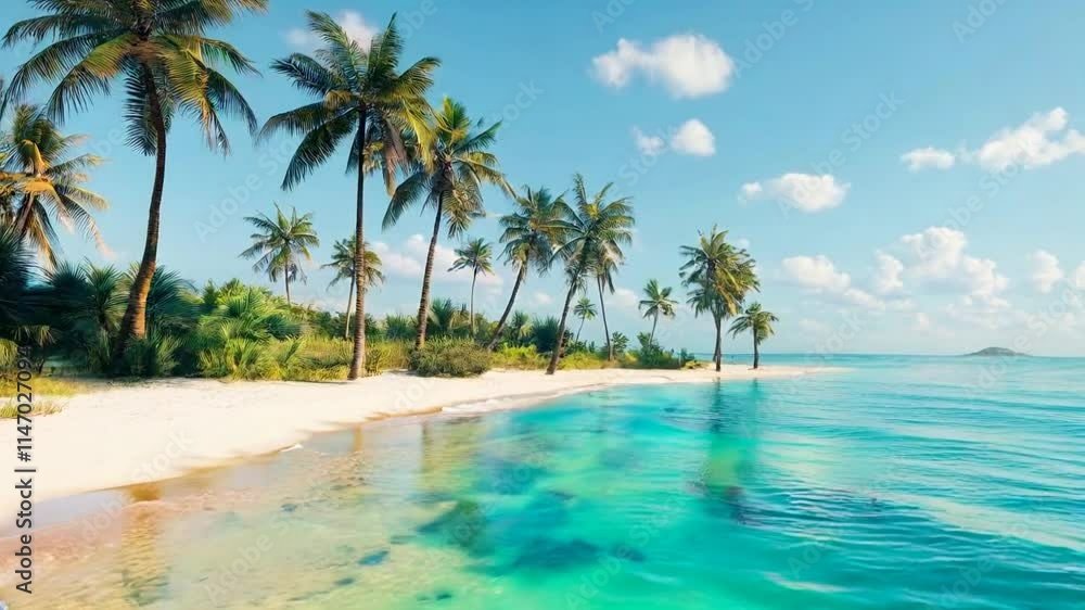 Tropical Beach at Sunset: Majestic Scene of Tranquility with Golden Glow and Palms against the Blue Sea Tropical Beach at Sunset: Majestic Scene of Tranquility with Golden Glow and Palms against the Blue Sea