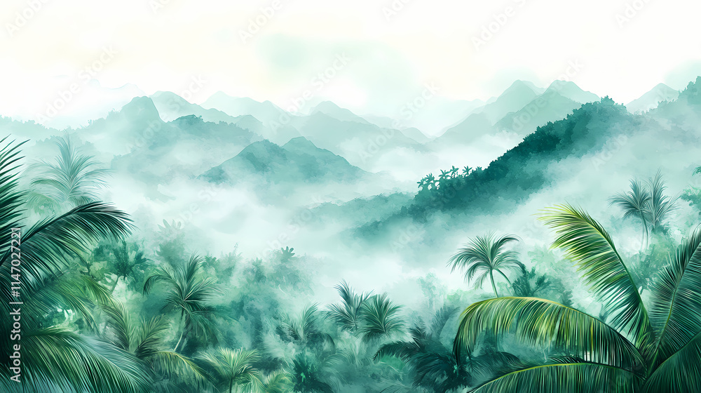 Scenic tropical landscape with palm trees and misty mountains in watercolor style, conveying tranquility and natural beauty. Misty. Illustration Scenic tropical landscape with palm trees and misty mountains in watercolor style, conveying tranquility and natural beauty. Misty. Illustration