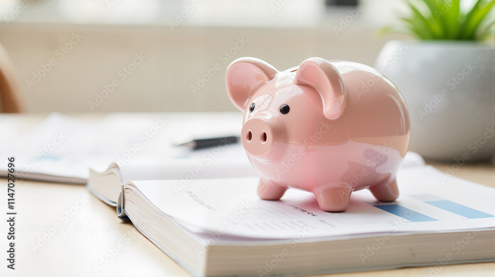 Piggy bank on desk with open notebook Piggy bank on desk with open notebook