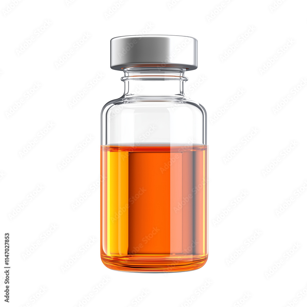 clear glass vial filled with orange liquid, featuring silver cap, isolated on transparency background. design is clean and minimal, suitable for medical or pharmaceutical purposes clear glass vial filled with orange liquid, featuring silver cap, isolated on transparency background. design is clean and minimal, suitable for medical or pharmaceutical purposes