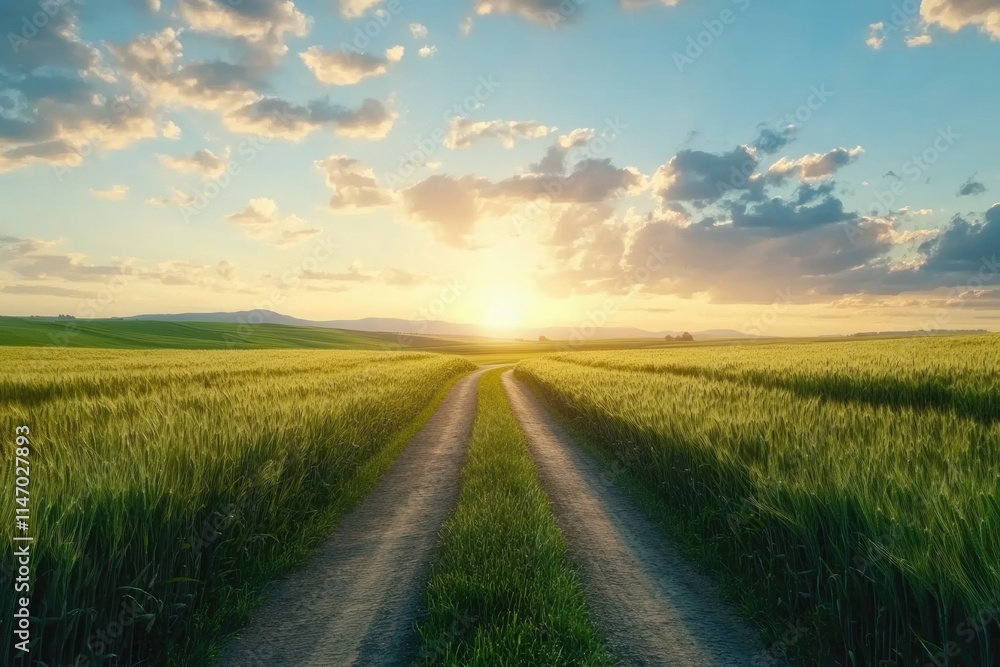 Country road and green wheat fields at sunrise Country road and green wheat fields at sunrise