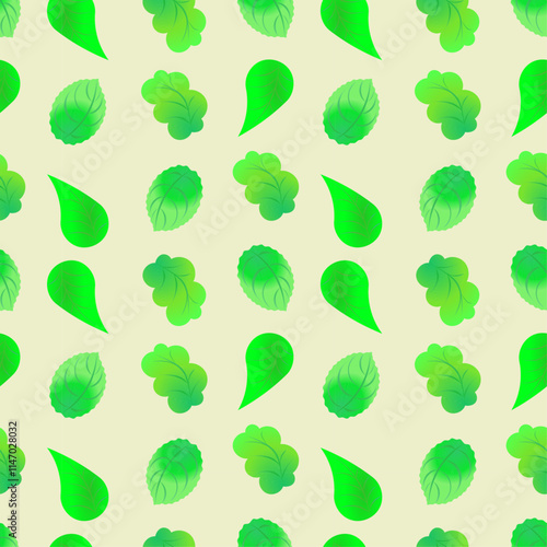 Green leaves seamless pattern, different shapes, vector leaf