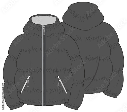 Crop Puffer Jacket  Front and Back View Fashion Illustration, Vector, CAD, Technical Drawing, Flat Drawing, Template, Mockup.