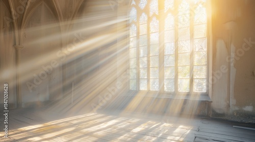Copy space featuring a tranquil scene of a church window with soft sunlight streaming in